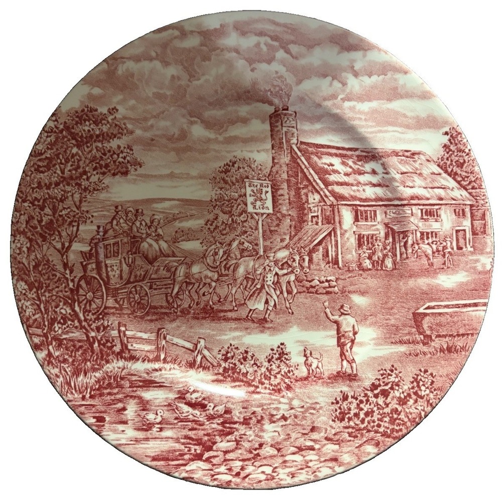 Wood & Sons The Post House Red Lion Red Transferware Dinner Plate England Ironst